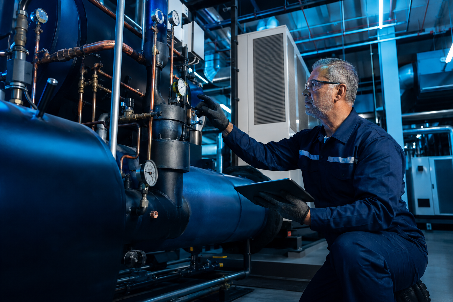 Técnico especializado inspecionando sistema de climatização de grande porte